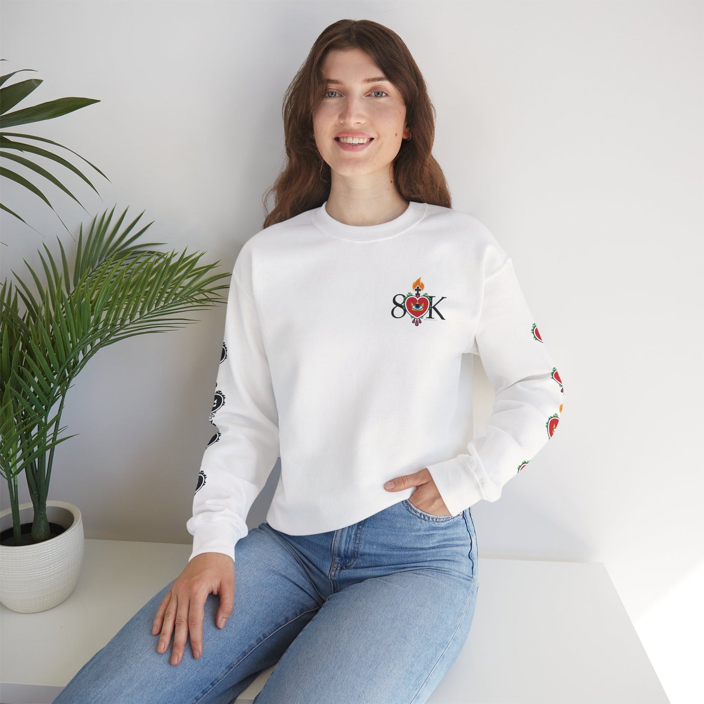 #18 Sacred Heart Flame (Both Sleeves) Design Unisex Crewneck Sweatshirt - Cozy & Stylish