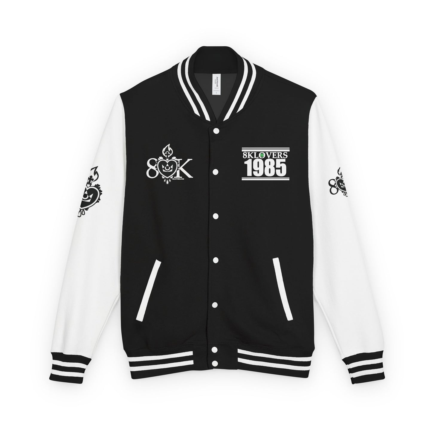 #22 Unisex Heavyweight Letterman Jacket -BLACK & WHITE Retro Style with Heart Graphics, Ideal for Collectors