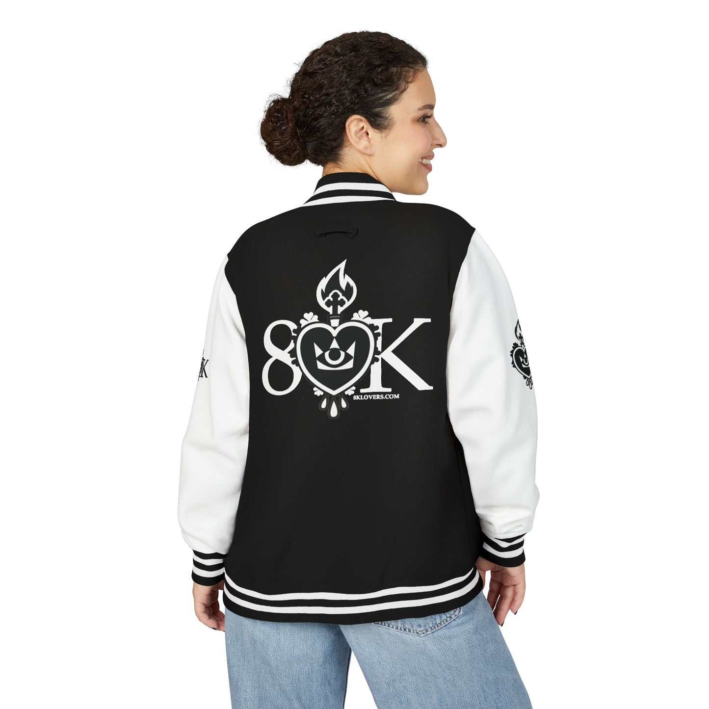 #22 Unisex Heavyweight Letterman Jacket -BLACK & WHITE Retro Style with Heart Graphics, Ideal for Collectors