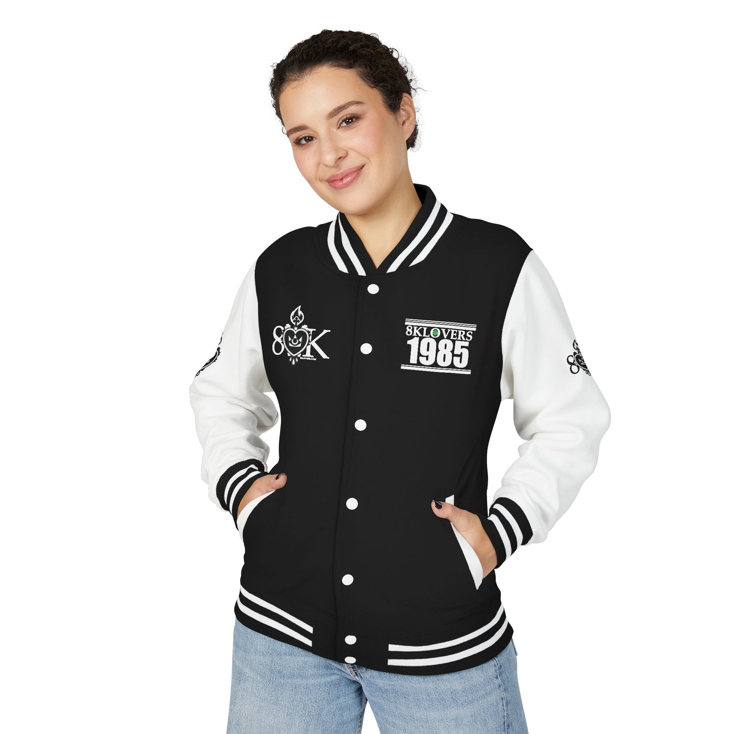 #22 Unisex Heavyweight Letterman Jacket -BLACK & WHITE Retro Style with Heart Graphics, Ideal for Collectors
